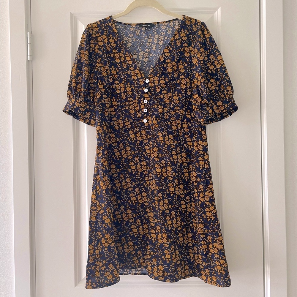 NWOT, Navy and Gold Floral Summer Dress with White Buttons, Medium
